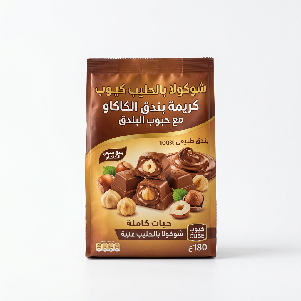 شوكولا بالحليب كيوب كريمة بندق الكاكاو مع حبوب البندق